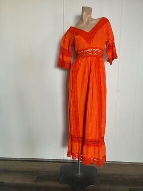 VTG 1960s Orange Mexican Pintuck Dress Sz S
